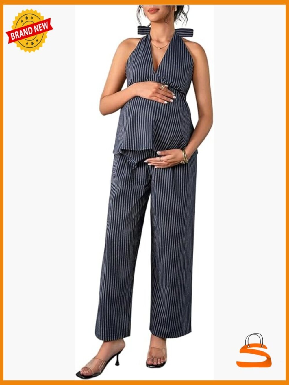 Striped Ruffle Halter Maternity 2 Piece Set Pants Outfit Women's Business
